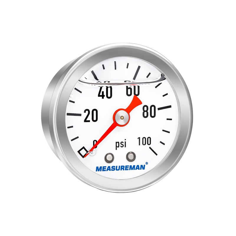 MEASUREMAN 1-1/2" Dial Size, 304 Stainless Steel case, Liquid Filled Fuel Pressure Gauge, 0-100Psi, 3-2-3%, 1/8" NPT Center Back Mount - Image 2